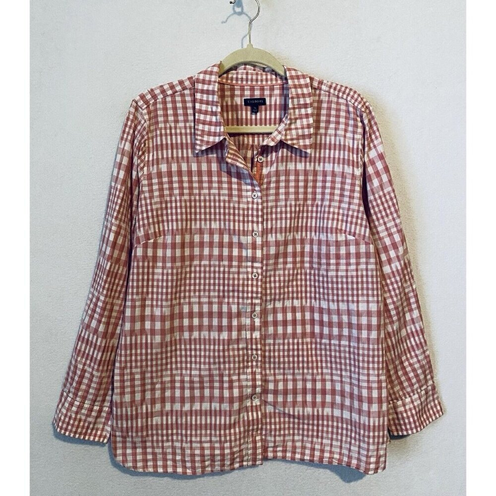 Talbots Top Womens XL Pink Plaid Striped Long Sleeve Button Up Cottagecore